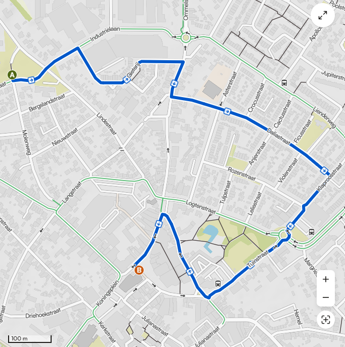 Kaart met de route van de intocht 2026, van de Molen naar de Markt